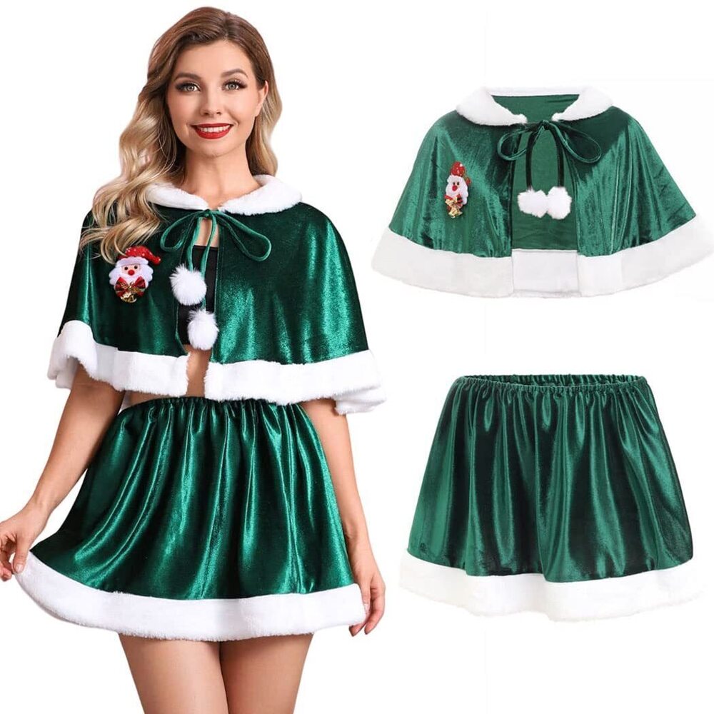 8644 Christmas Velvet Cloak Skirt Set Green Mrs Santa Claus Shawl Cape Xmas